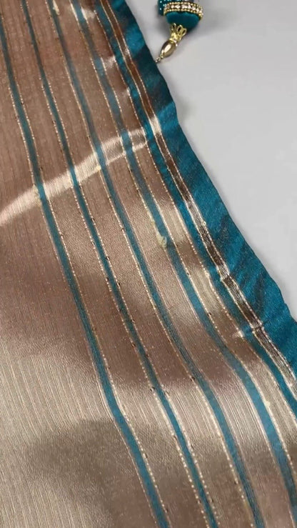 Midnight Teal & Champagne Shimmer Zari Weave Saree Set – Available in Teal & Champagne