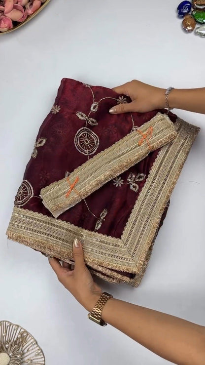Opulent Floral Embroidered Saree with Antique Zari Borders – Available in Deep Maroon & Elegant Champagne – Available in Deep Maroon & Elegant Champagne