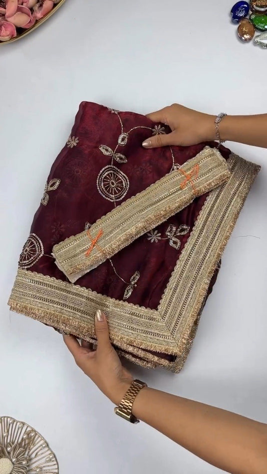 Opulent Floral Embroidered Saree with Antique Zari Borders – Available in Deep Maroon & Elegant Champagne – Available in Deep Maroon & Elegant Champagne