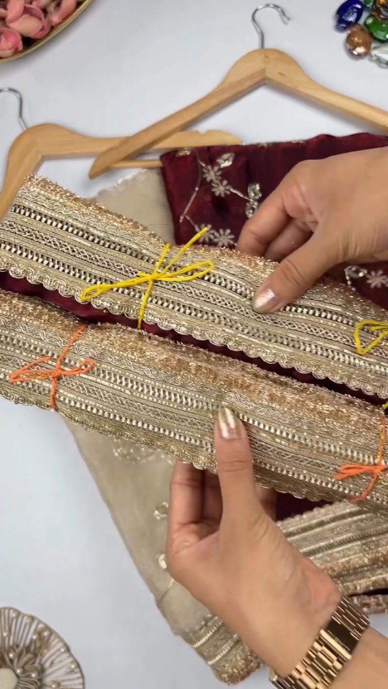 Opulent Floral Embroidered Saree with Antique Zari Borders – Available in Deep Maroon & Elegant Champagne – Available in Deep Maroon & Elegant Champagne