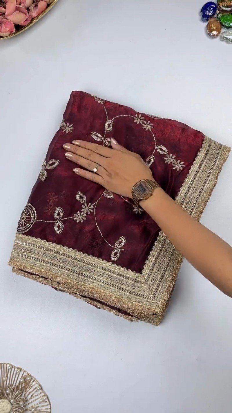 Opulent Floral Embroidered Saree with Antique Zari Borders – Available in Deep Maroon & Elegant Champagne – Available in Deep Maroon & Elegant Champagne