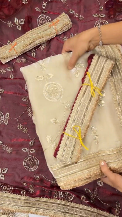 Opulent Floral Embroidered Saree with Antique Zari Borders – Available in Deep Maroon & Elegant Champagne – Available in Deep Maroon & Elegant Champagne