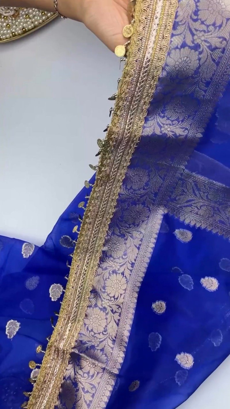 Royal Cobalt Blue Banarasi Silk Saree with Antique Gold Coin Embellishments