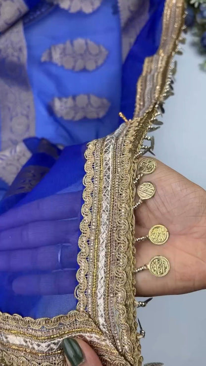 Royal Cobalt Blue Banarasi Silk Saree with Antique Gold Coin Embellishments