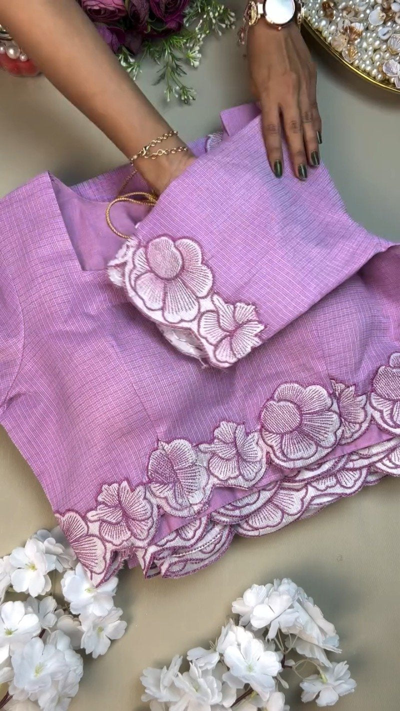 Enchanting Lavender Linen Saree with Scalloped Floral Embroidery