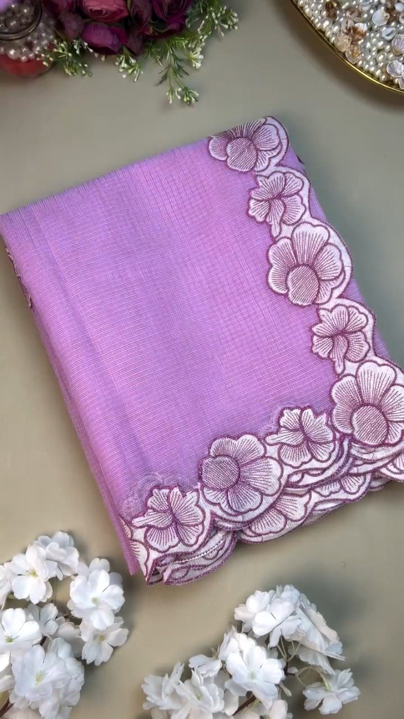 Enchanting Lavender Linen Saree with Scalloped Floral Embroidery