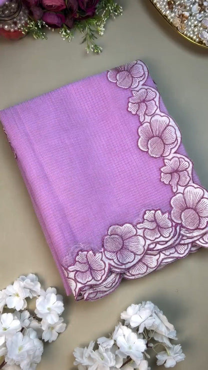 Enchanting Lavender Linen Saree with Scalloped Floral Embroidery