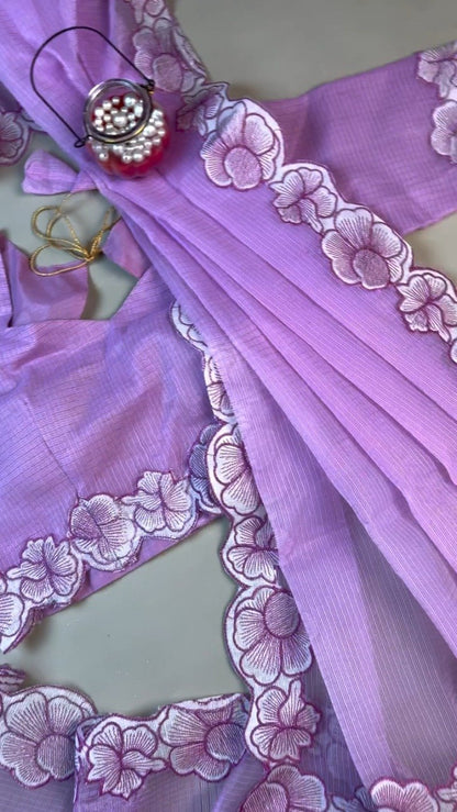 Enchanting Lavender Linen Saree with Scalloped Floral Embroidery