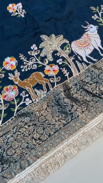 Divine Pichwai Embroidered Midnight Silk Lehenga Set – Available in Midnight Blue & Sky Blue