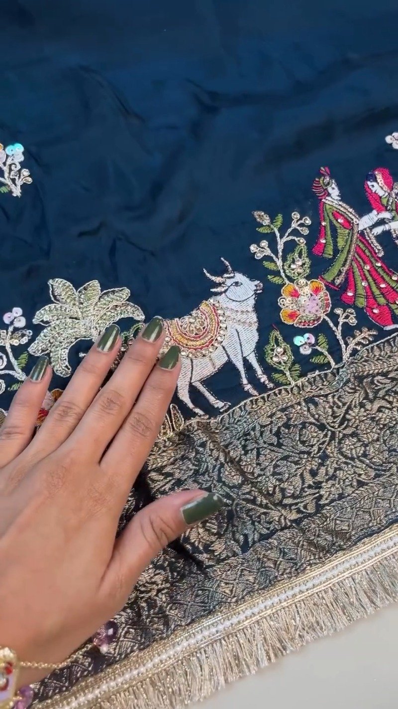 Divine Pichwai Embroidered Midnight Silk Lehenga Set – Available in Midnight Blue & Sky Blue