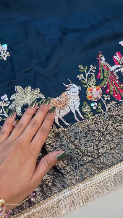 Divine Pichwai Embroidered Midnight Silk Lehenga Set – Available in Midnight Blue & Sky Blue