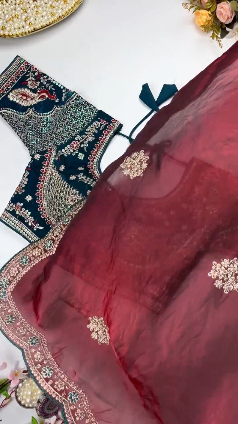 Enchanting Sequin-Embroidered Velvet & Georgette Saree Set – Available in Midnight Green & Royal Plum