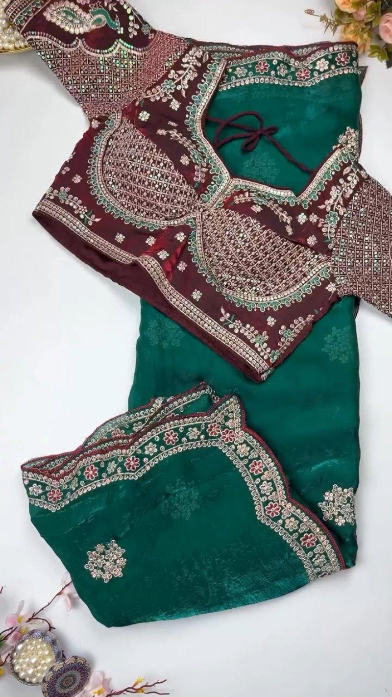 Enchanting Sequin-Embroidered Velvet & Georgette Saree Set – Available in Midnight Green & Royal Plum