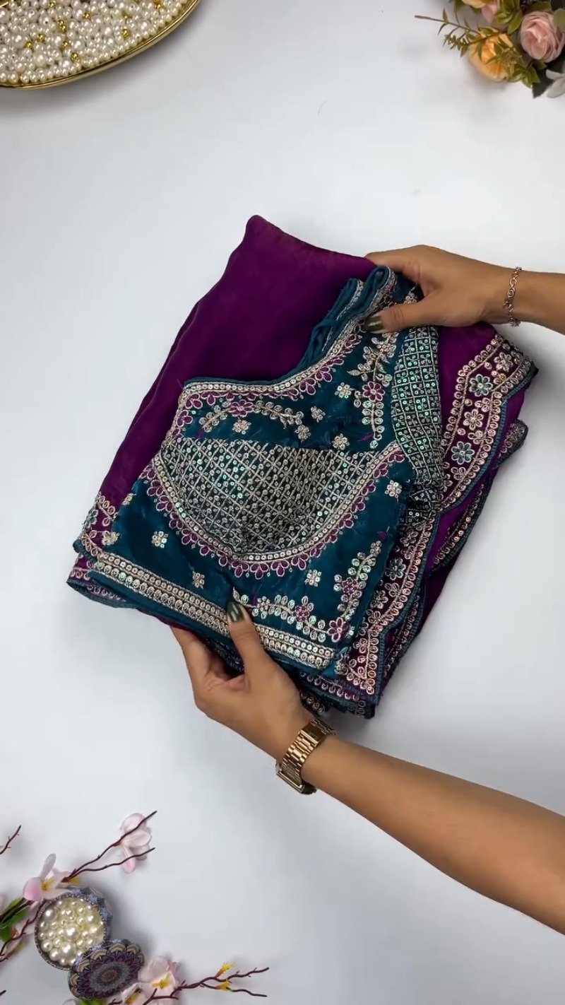 Enchanting Sequin-Embroidered Velvet & Georgette Saree Set – Available in Midnight Green & Royal Plum