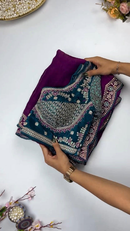 Enchanting Sequin-Embroidered Velvet & Georgette Saree Set – Available in Midnight Green & Royal Plum