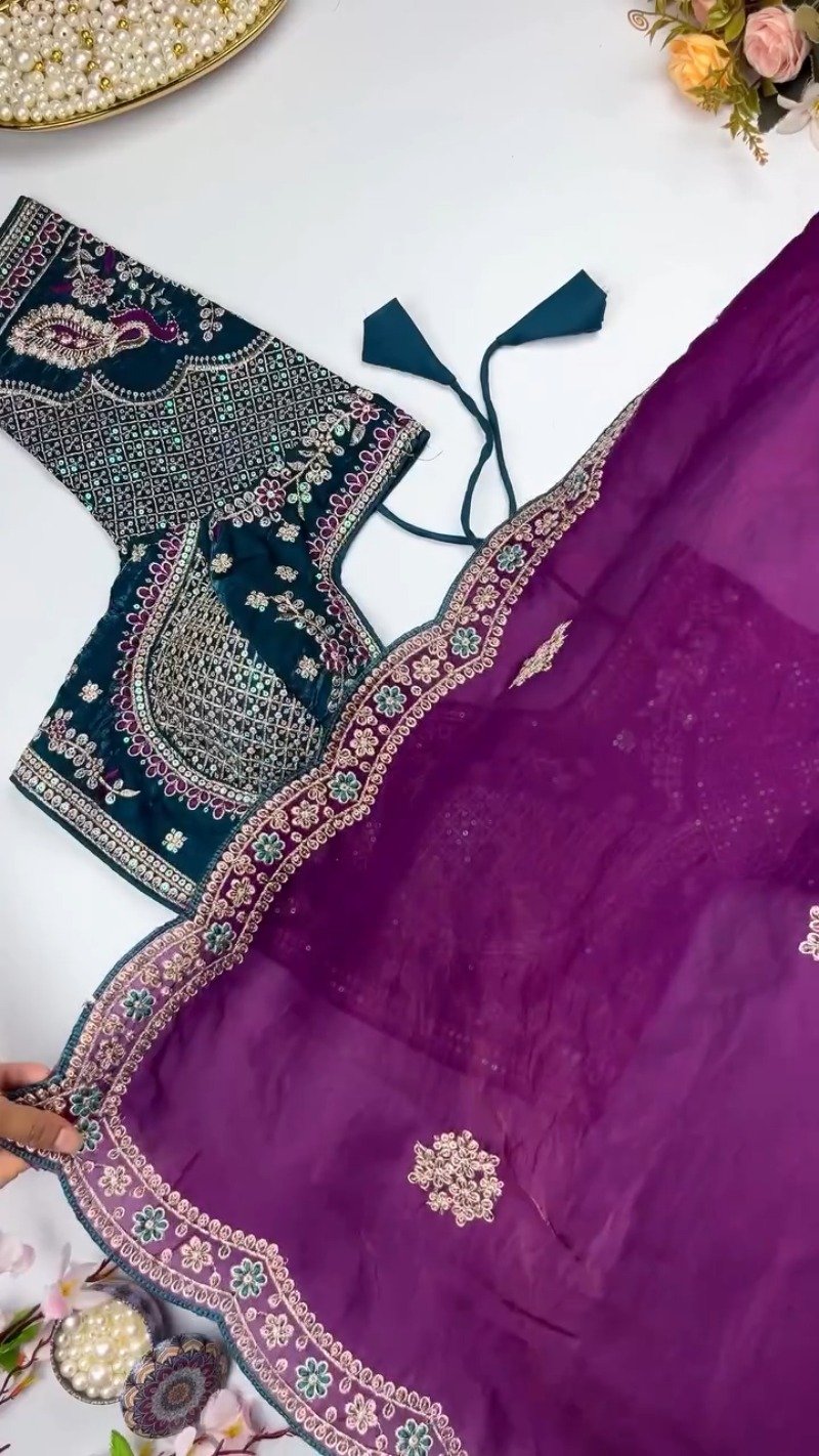 Enchanting Sequin-Embroidered Velvet & Georgette Saree Set – Available in Midnight Green & Royal Plum