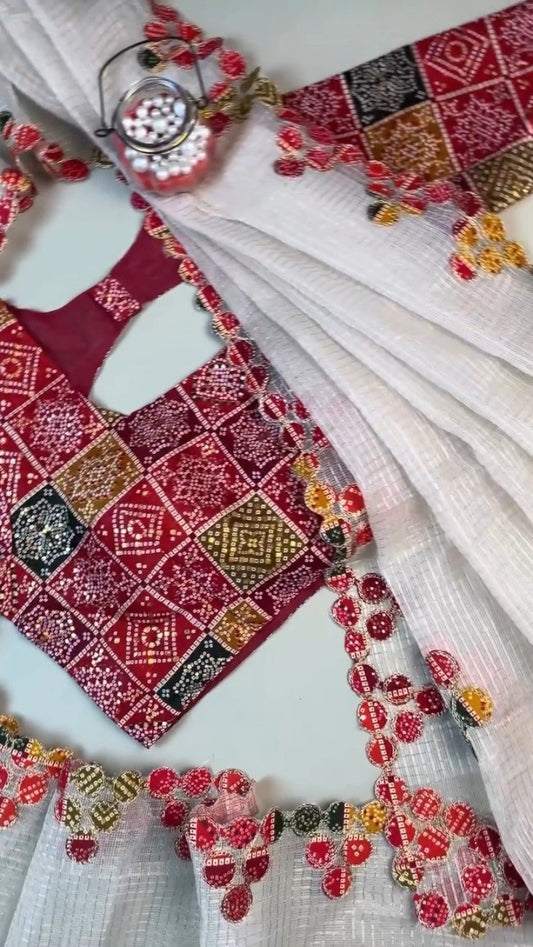 Timeless Bandhani Elegance: White Handloom Saree with Deep Maroon Blouse – Available in One Colour Variant