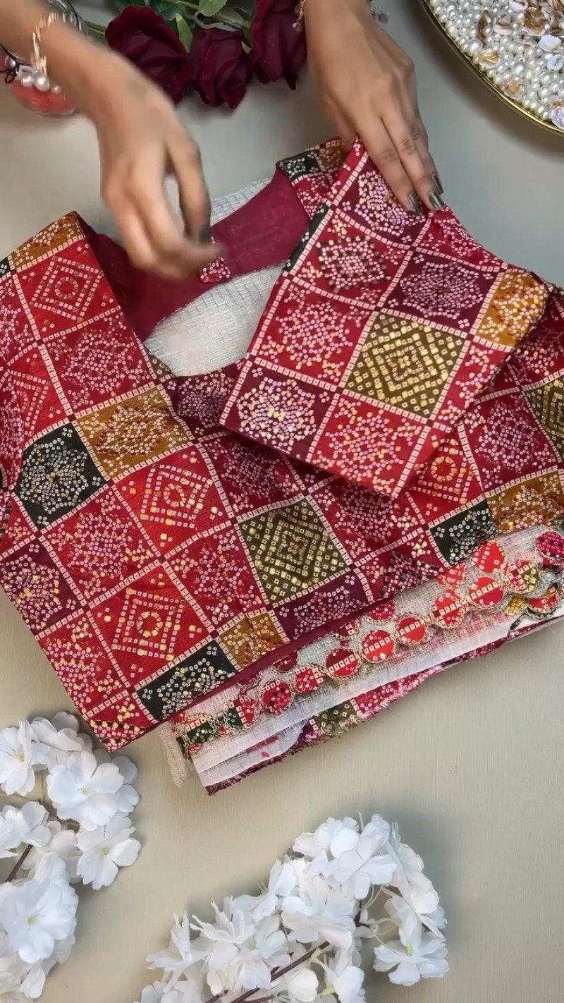 Timeless Bandhani Elegance: White Handloom Saree with Deep Maroon Blouse – Available in One Colour Variant