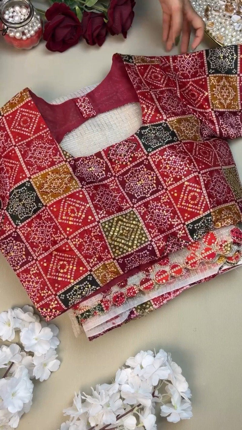 Timeless Bandhani Elegance: White Handloom Saree with Deep Maroon Blouse – Available in One Colour Variant