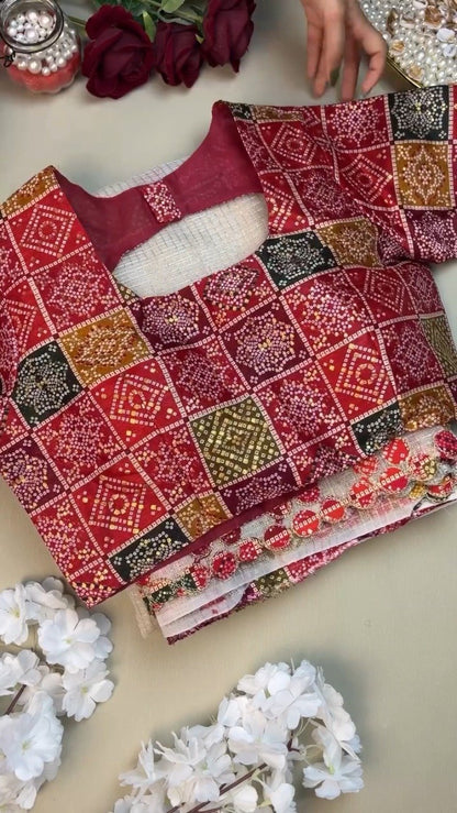 Timeless Bandhani Elegance: White Handloom Saree with Deep Maroon Blouse – Available in One Colour Variant