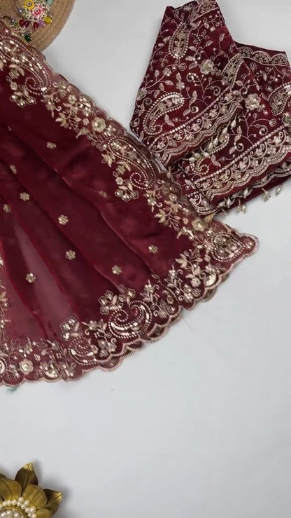 Opulent Scalloped Embellished Saree with Matching Embroidered Blouse – Available in Maroon, Deep Plum, Slate Grey & Teal