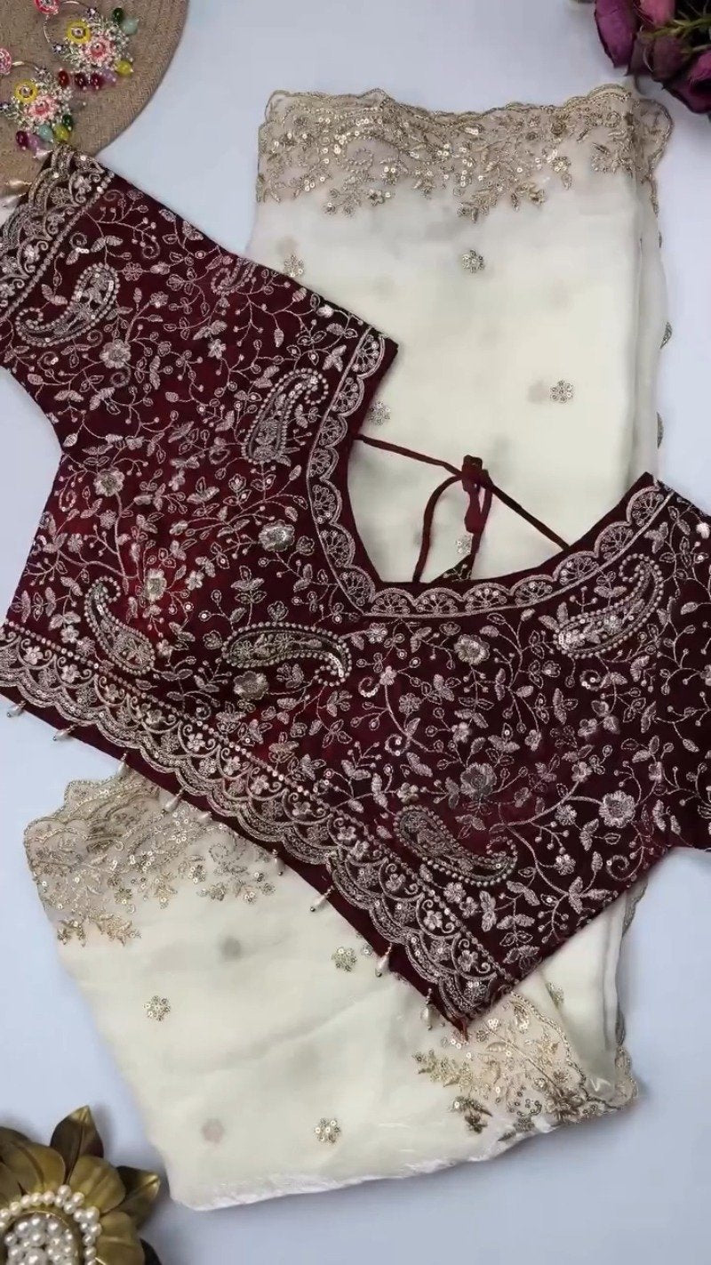 Opulent Scalloped Embellished Saree with Matching Embroidered Blouse – Available in Maroon, Deep Plum, Slate Grey & Teal