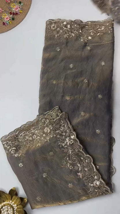 Opulent Scalloped Embellished Saree with Matching Embroidered Blouse – Available in Maroon, Deep Plum, Slate Grey & Teal