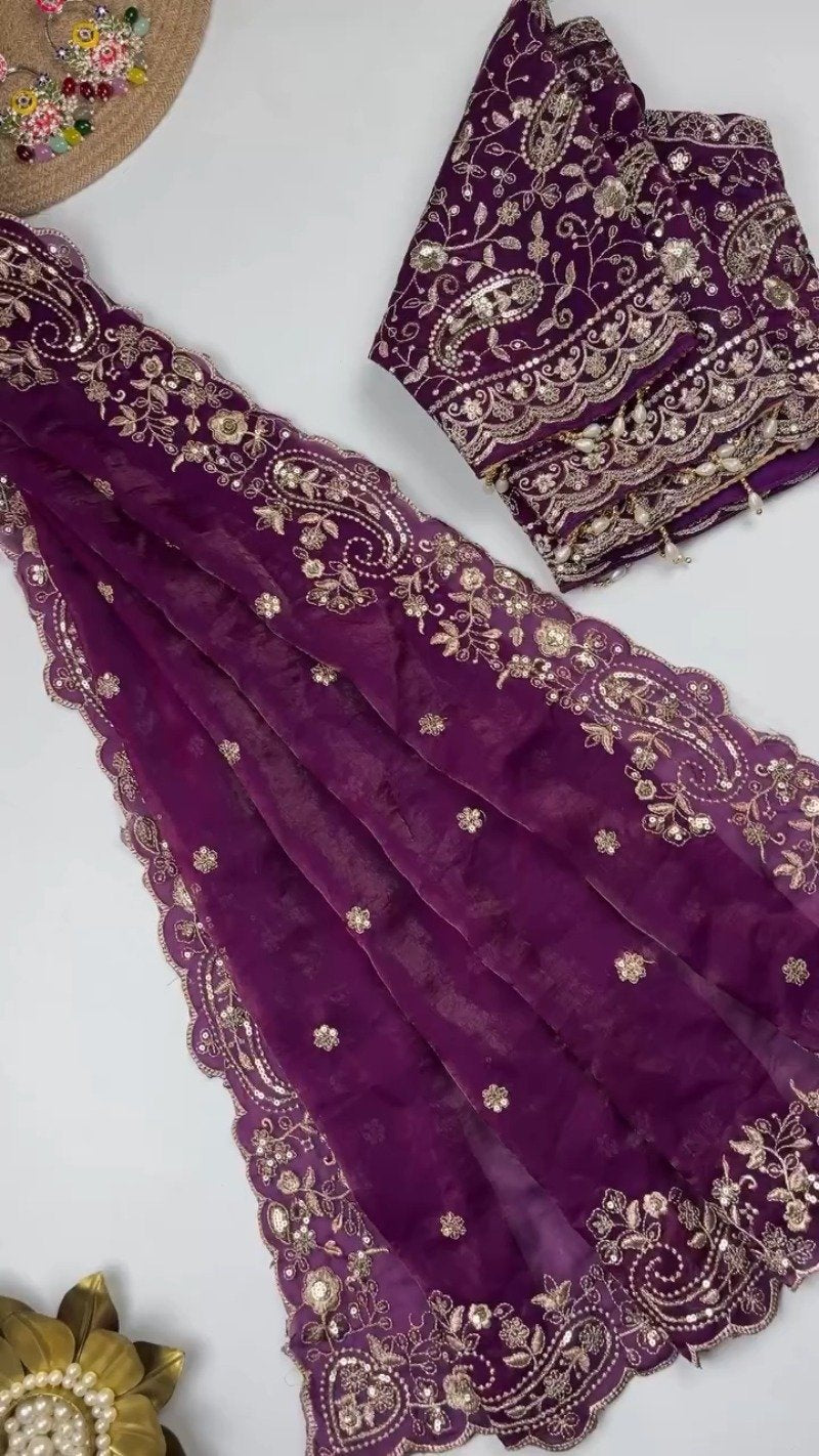 Opulent Scalloped Embellished Saree with Matching Embroidered Blouse – Available in Maroon, Deep Plum, Slate Grey & Teal