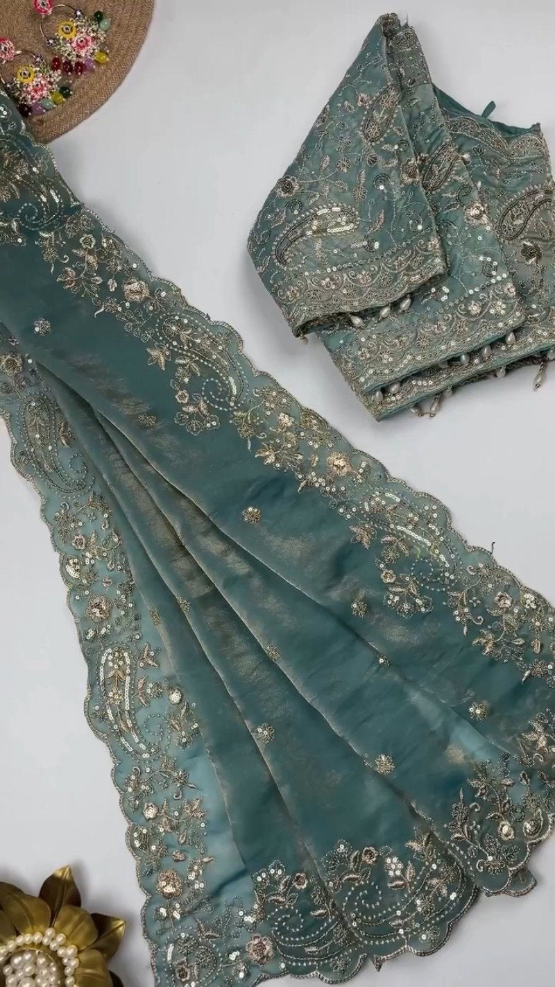 Opulent Scalloped Embellished Saree with Matching Embroidered Blouse – Available in Maroon, Deep Plum, Slate Grey & Teal