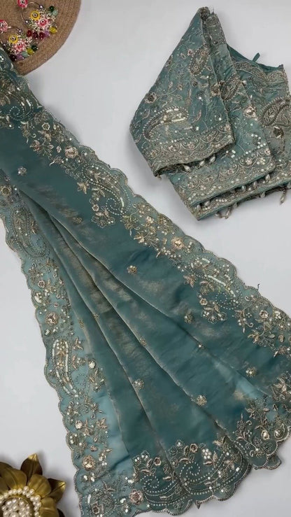 Opulent Scalloped Embellished Saree with Matching Embroidered Blouse – Available in Maroon, Deep Plum, Slate Grey & Teal
