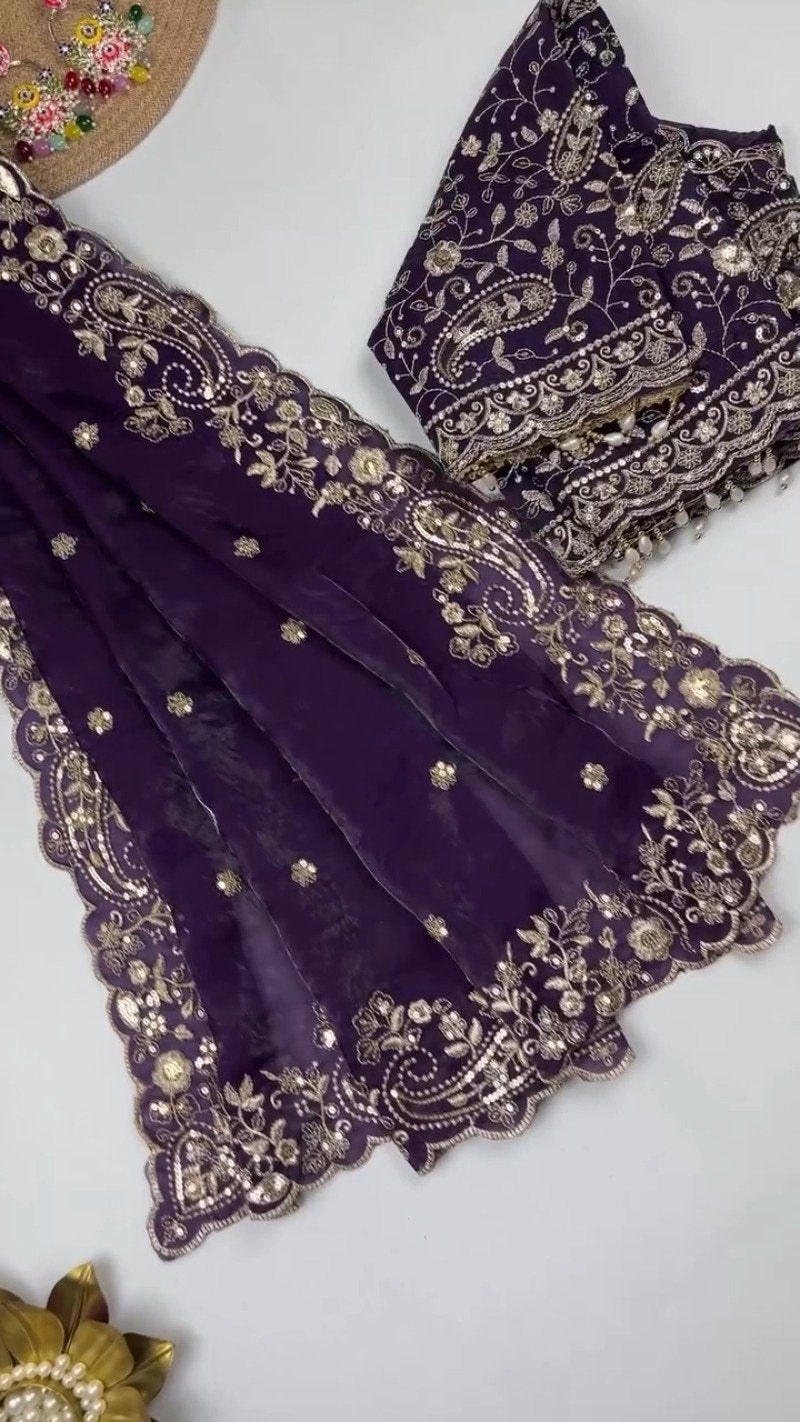 Opulent Scalloped Embellished Saree with Matching Embroidered Blouse – Available in Maroon, Deep Plum, Slate Grey & Teal