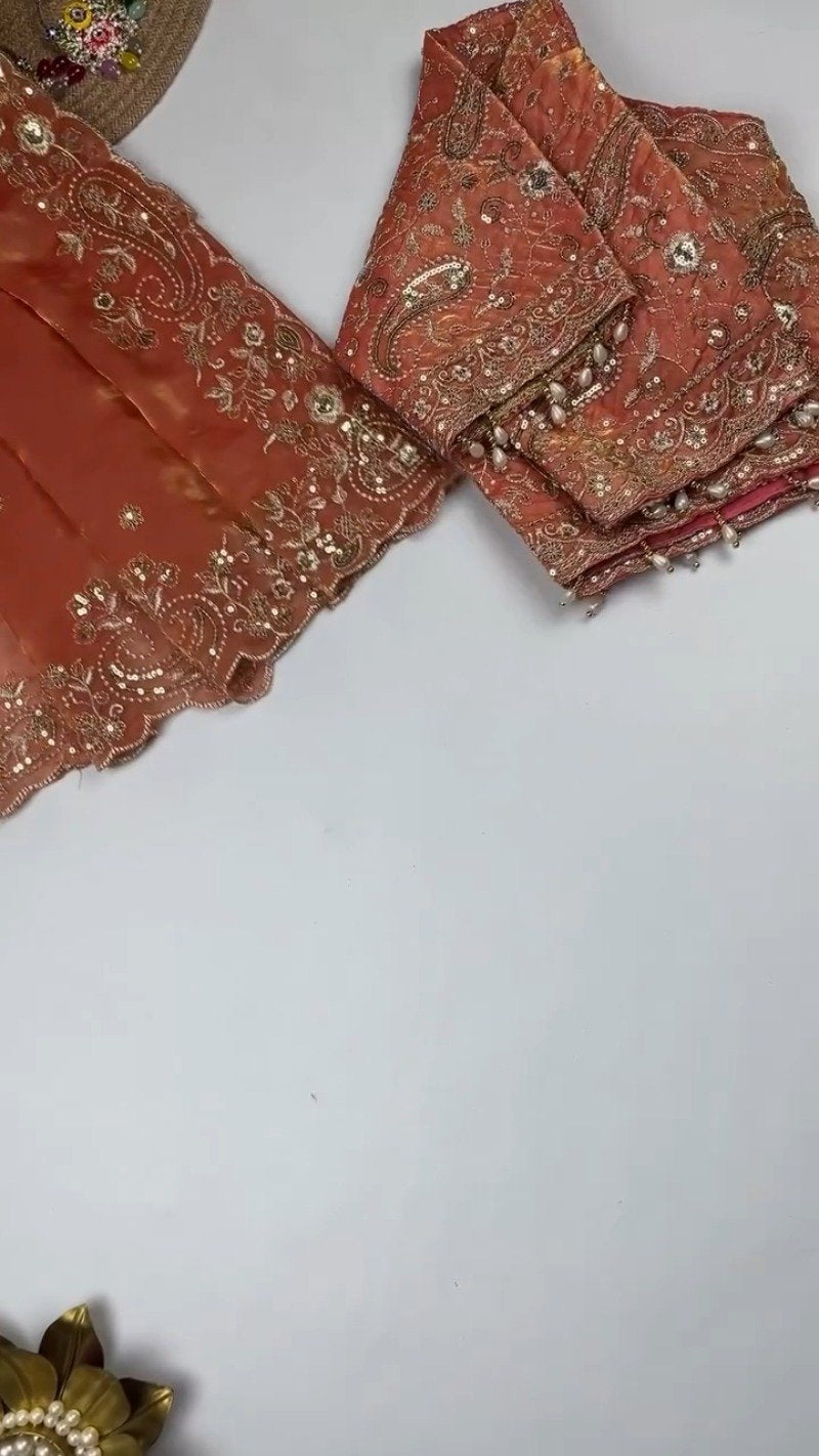 Opulent Scalloped Embellished Saree with Matching Embroidered Blouse – Available in Maroon, Deep Plum, Slate Grey & Teal