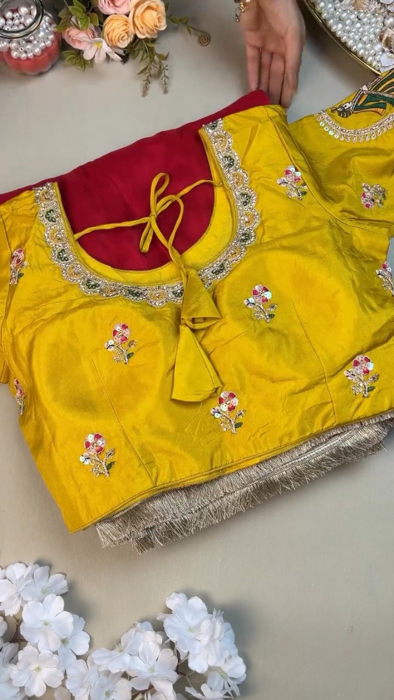 Krishna Motif Embellished Raw Silk Saree Ensemble – Available in Yellow & Red