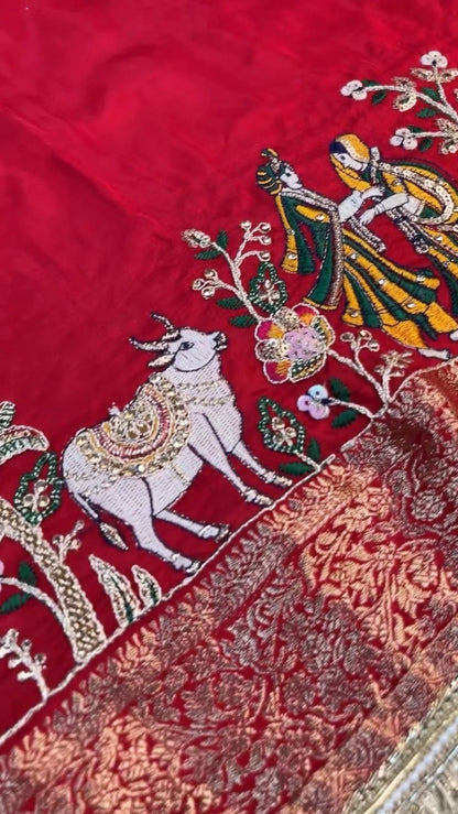 Krishna Motif Embellished Raw Silk Saree Ensemble – Available in Yellow & Red