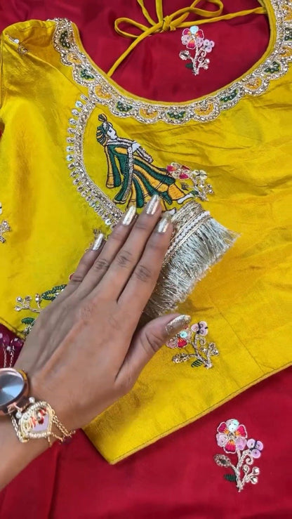 Krishna Motif Embellished Raw Silk Saree Ensemble – Available in Yellow & Red