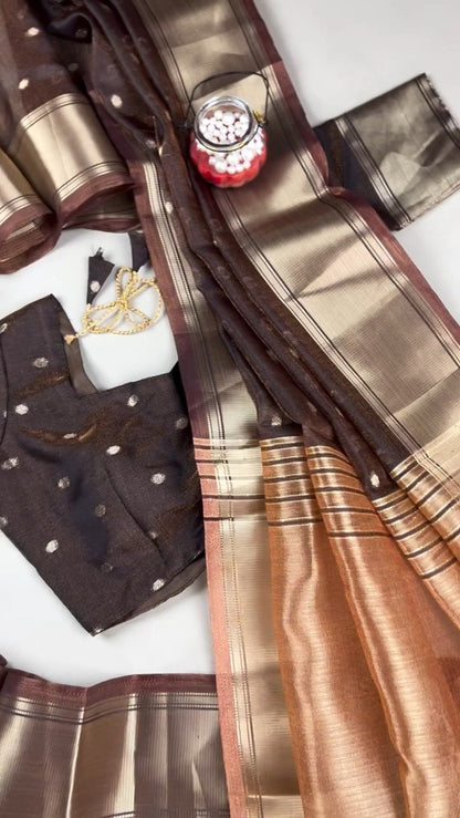 Chocolate Brown Lustrous Silk Saree with Polka Dot Blouse – Timeless Elegance in Every Drape
