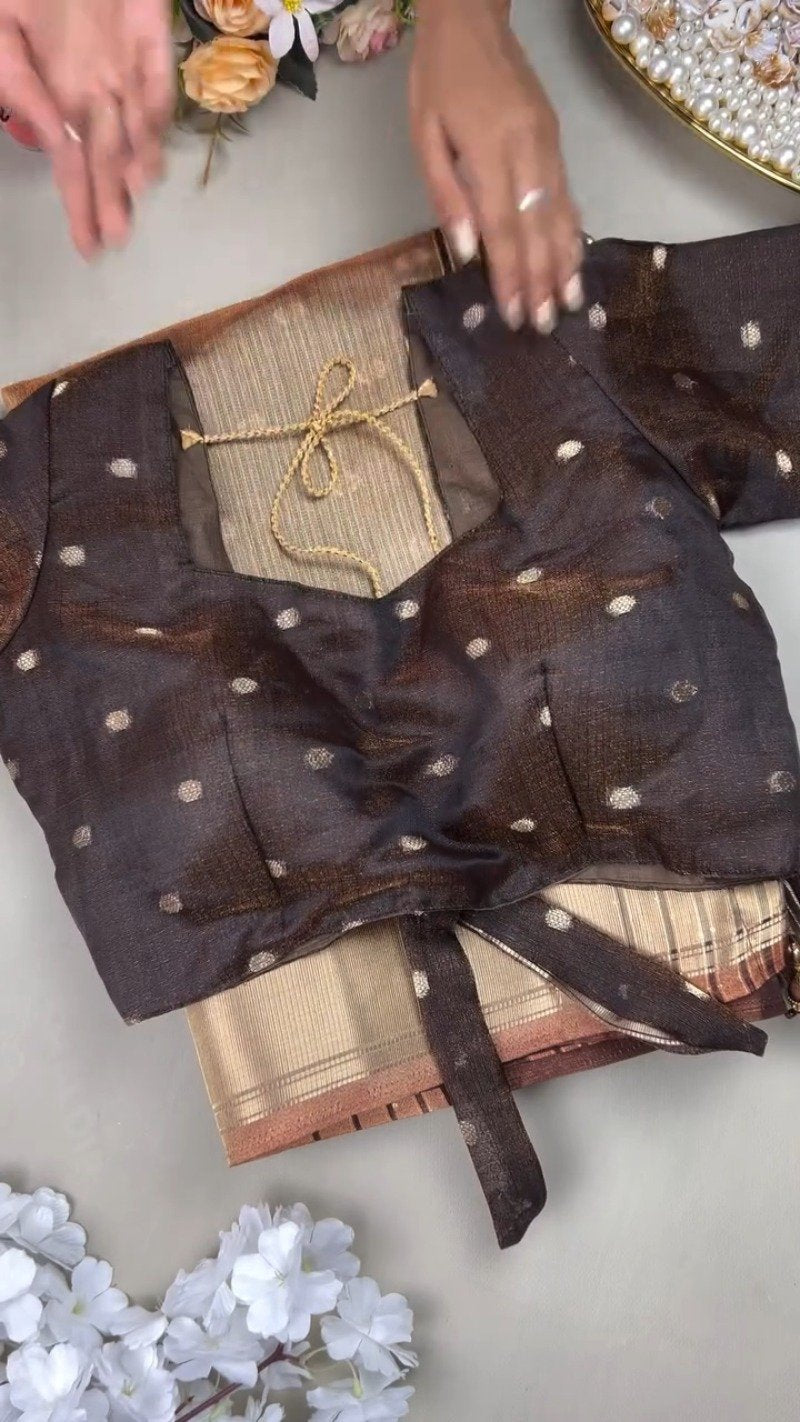 Chocolate Brown Lustrous Silk Saree with Polka Dot Blouse – Timeless Elegance in Every Drape