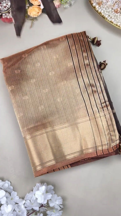 Chocolate Brown Lustrous Silk Saree with Polka Dot Blouse – Timeless Elegance in Every Drape