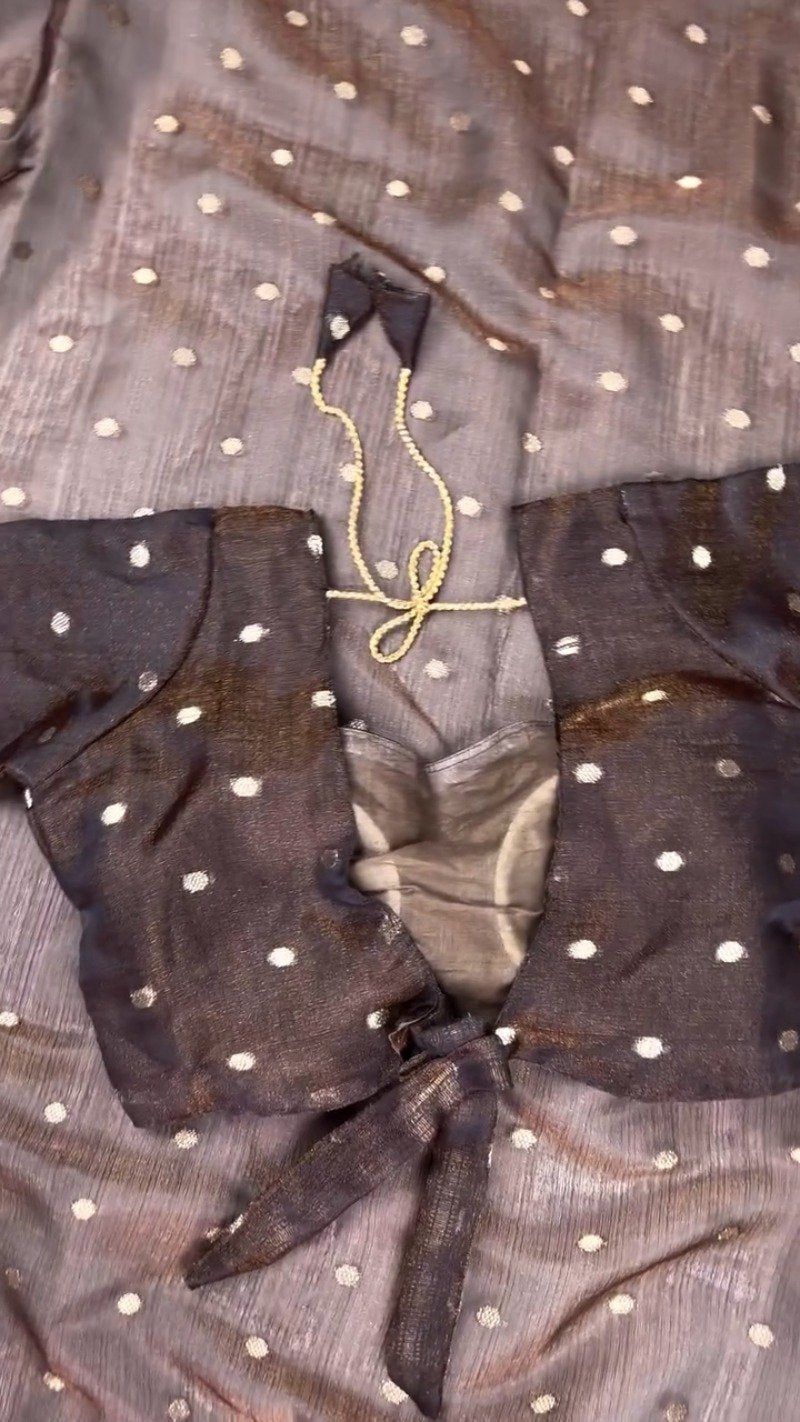 Chocolate Brown Lustrous Silk Saree with Polka Dot Blouse – Timeless Elegance in Every Drape
