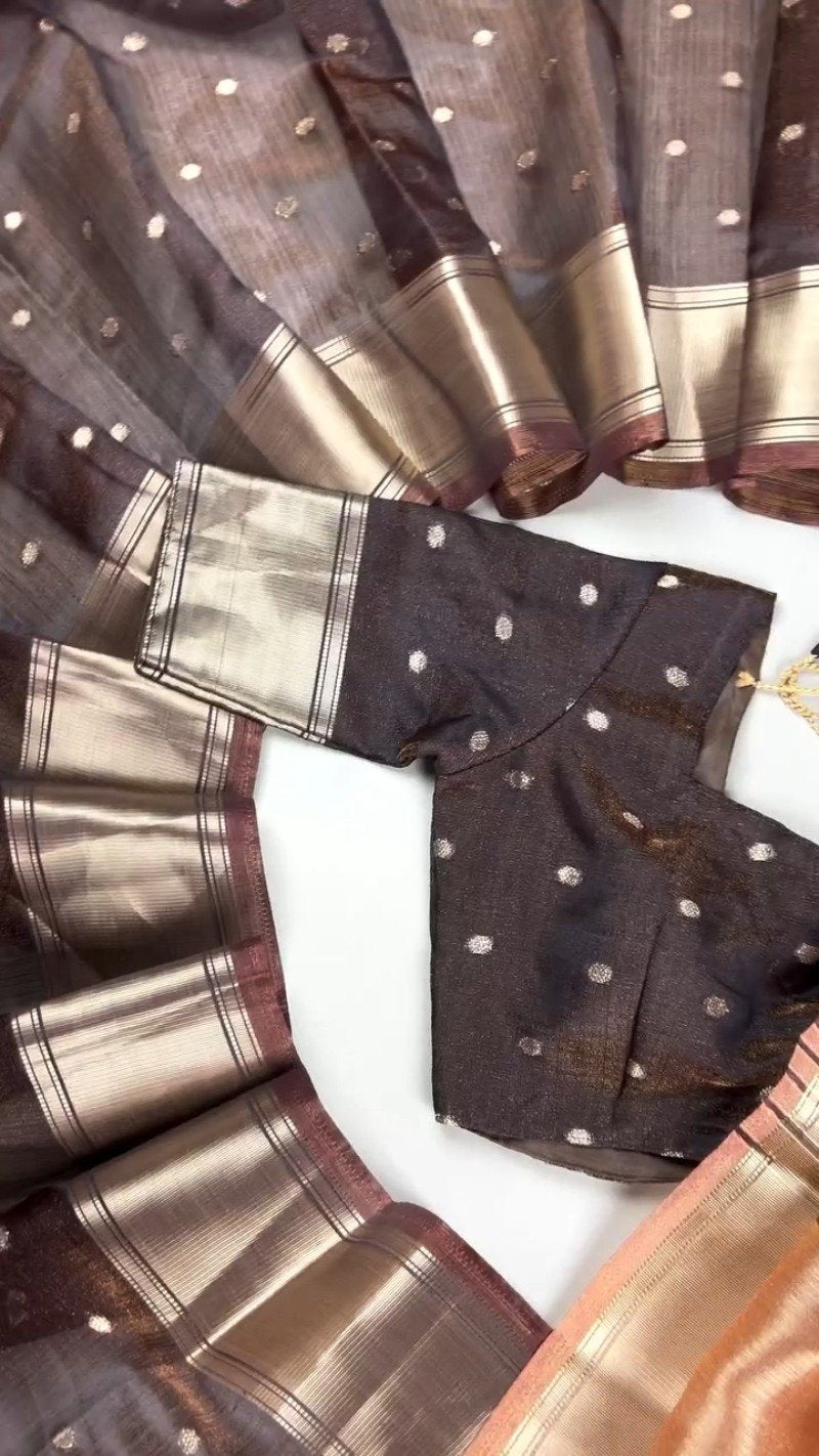 Chocolate Brown Lustrous Silk Saree with Polka Dot Blouse – Timeless Elegance in Every Drape
