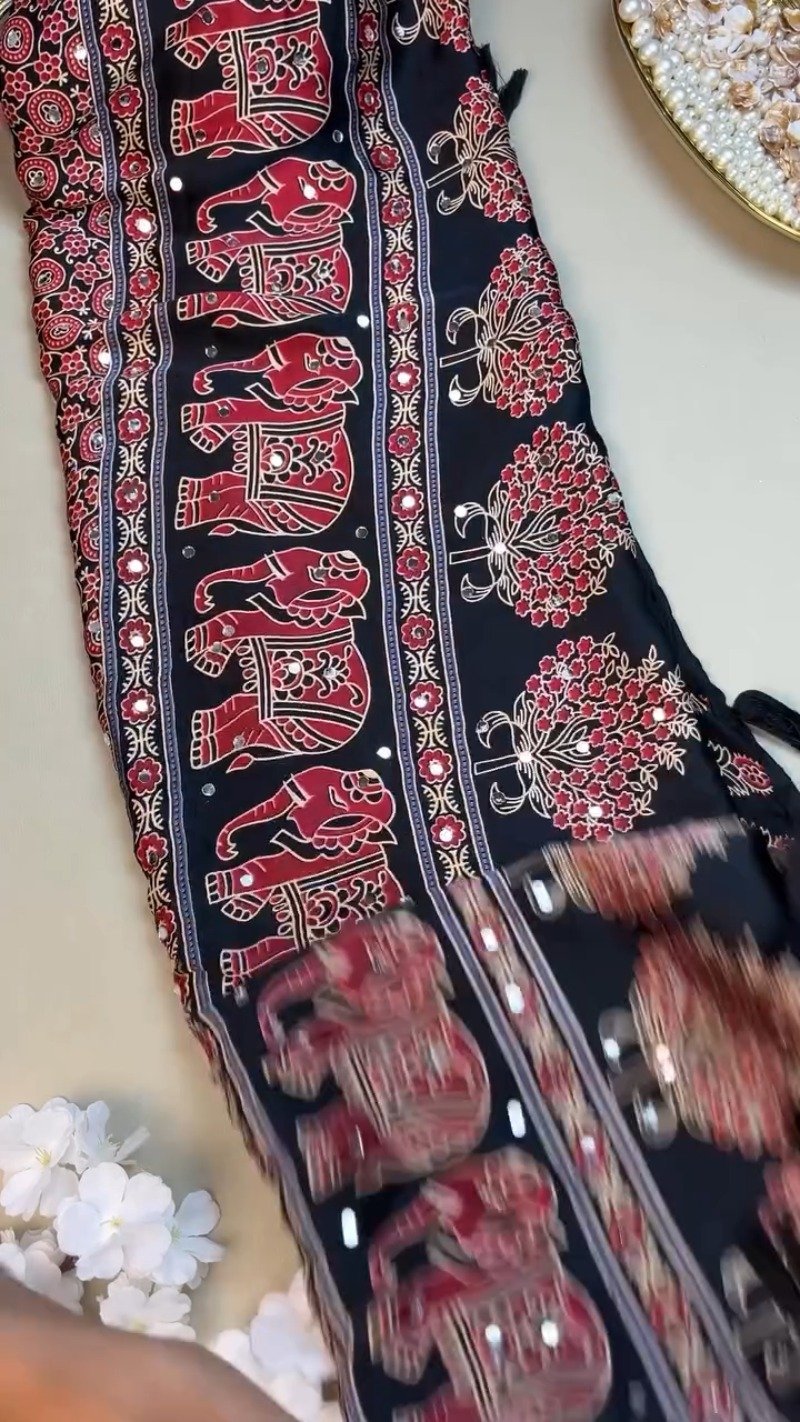 Black Elephant Motif Printed Cotton Suit Set with Mirror Work Accents