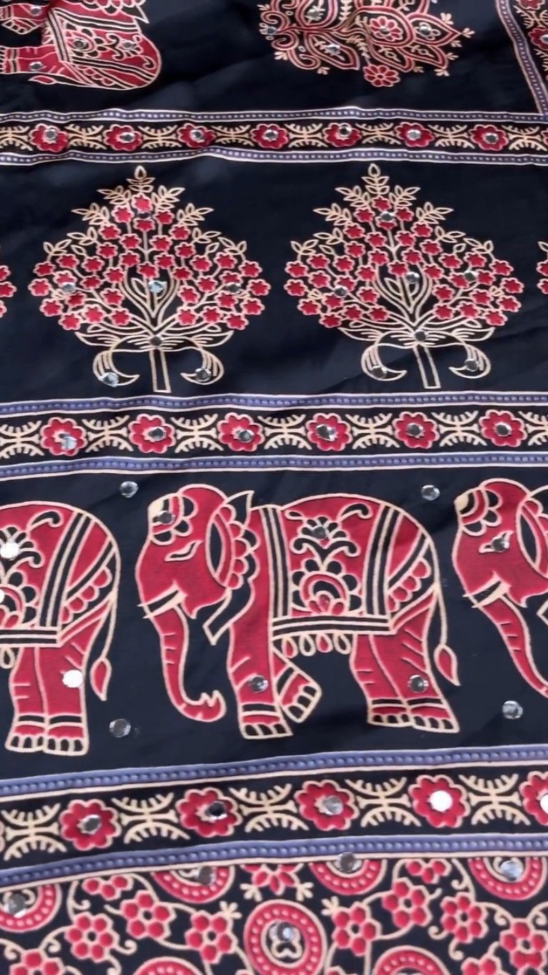 Black Elephant Motif Printed Cotton Suit Set with Mirror Work Accents
