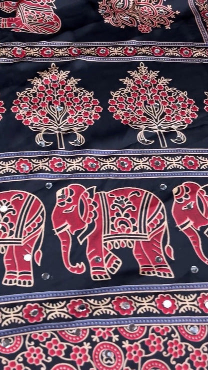 Black Elephant Motif Printed Cotton Suit Set with Mirror Work Accents
