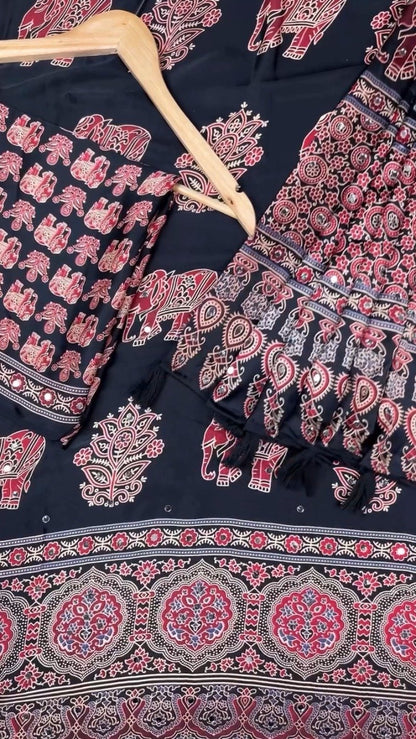 Black Elephant Motif Printed Cotton Suit Set with Mirror Work Accents