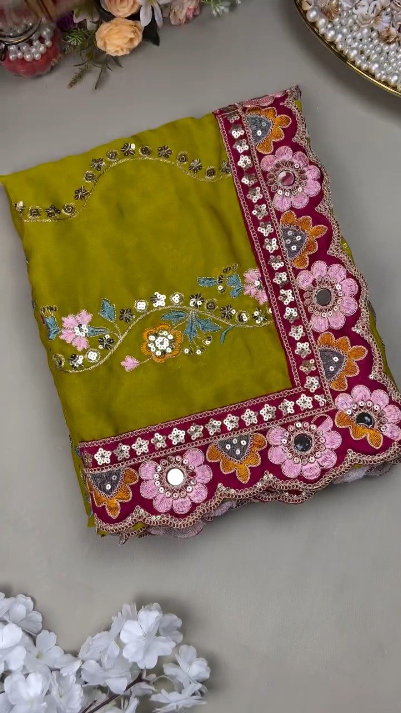 Olive & Fuchsia Embroidered Saree Ensemble – Available in Olive-Fuchsia & Blue-Fuchsia
