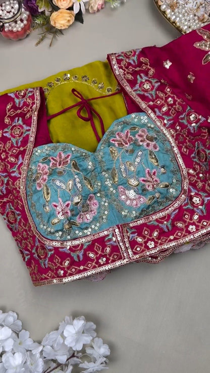 Olive & Fuchsia Embroidered Saree Ensemble – Available in Olive-Fuchsia & Blue-Fuchsia