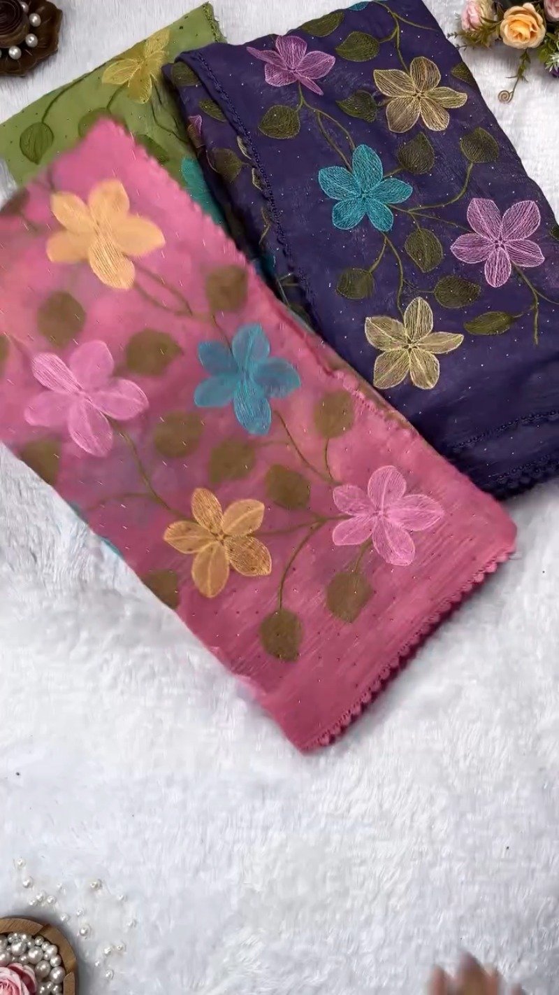 Floral Embroidered Organza Saree with Scalloped Border – Available in Lavender, Lime Green, Mustard, Teal, Pink & White