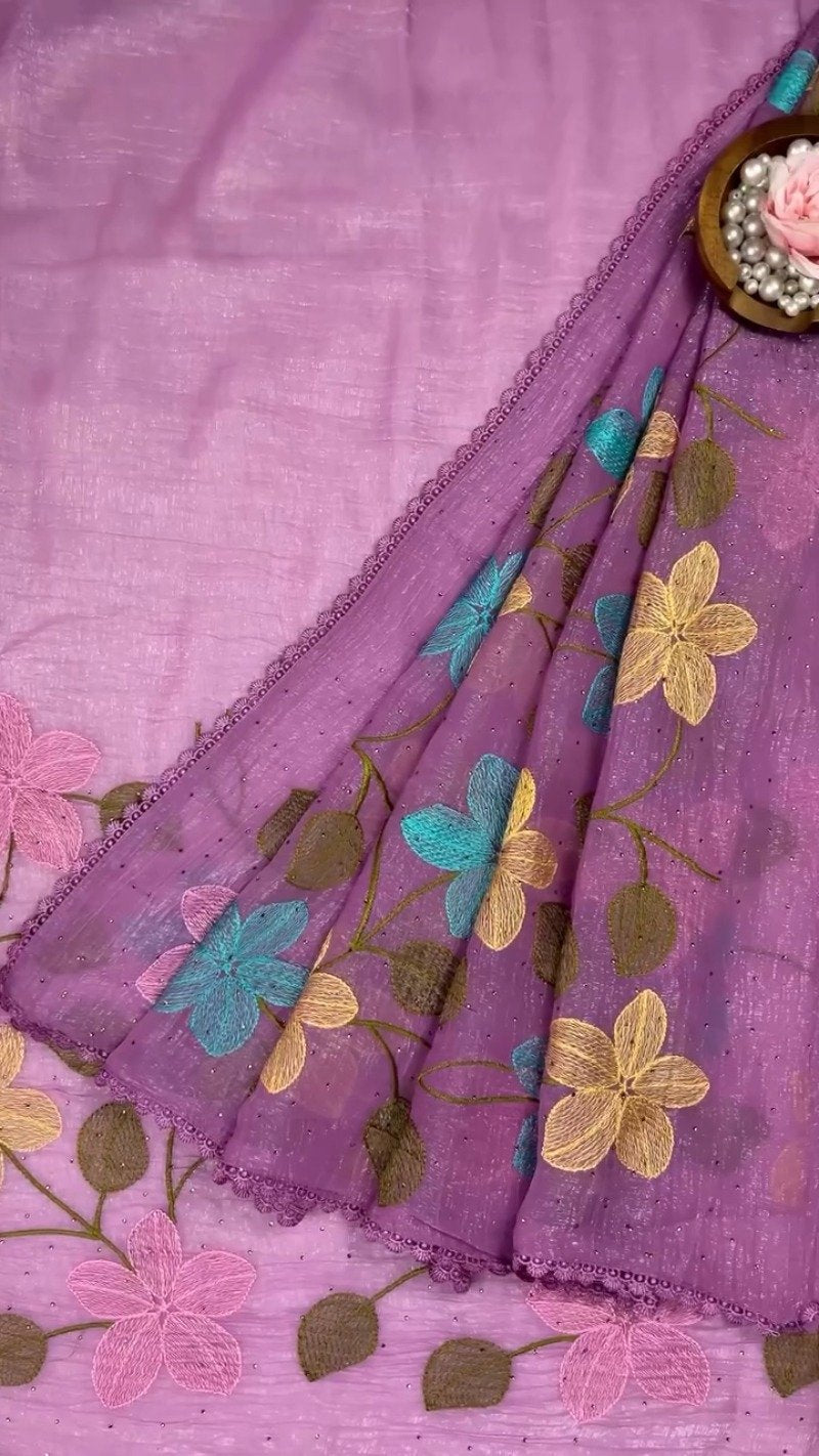 Floral Embroidered Organza Saree with Scalloped Border – Available in Lavender, Lime Green, Mustard, Teal, Pink & White