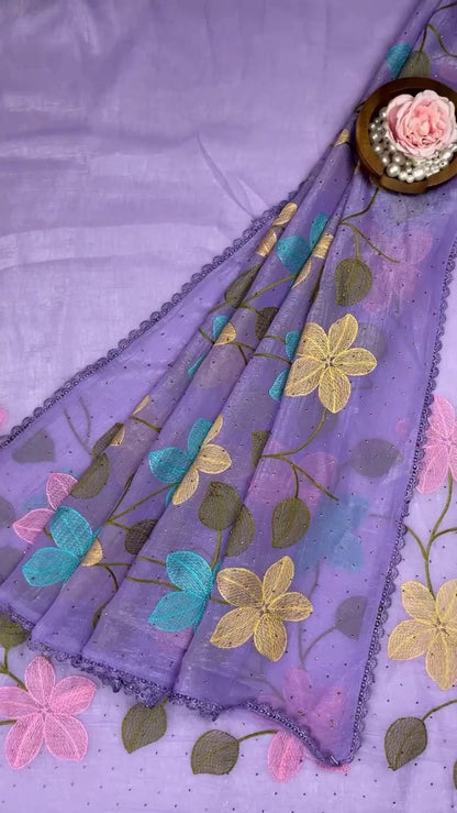 Floral Embroidered Organza Saree with Scalloped Border – Available in Lavender, Lime Green, Mustard, Teal, Pink & White