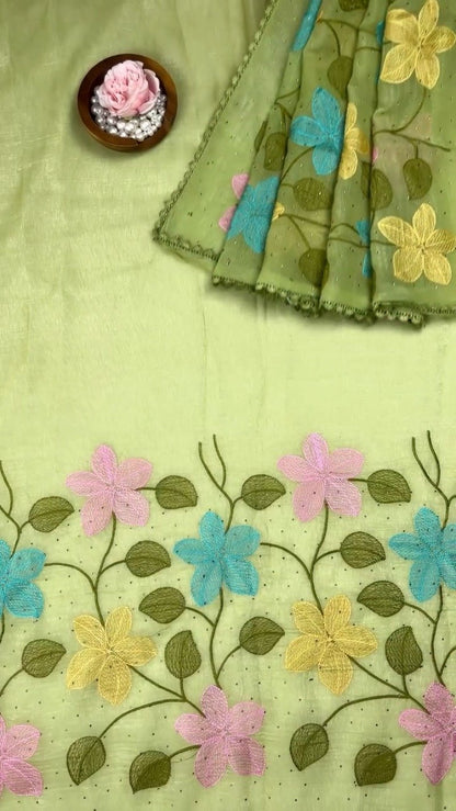 Floral Embroidered Organza Saree with Scalloped Border – Available in Lavender, Lime Green, Mustard, Teal, Pink & White